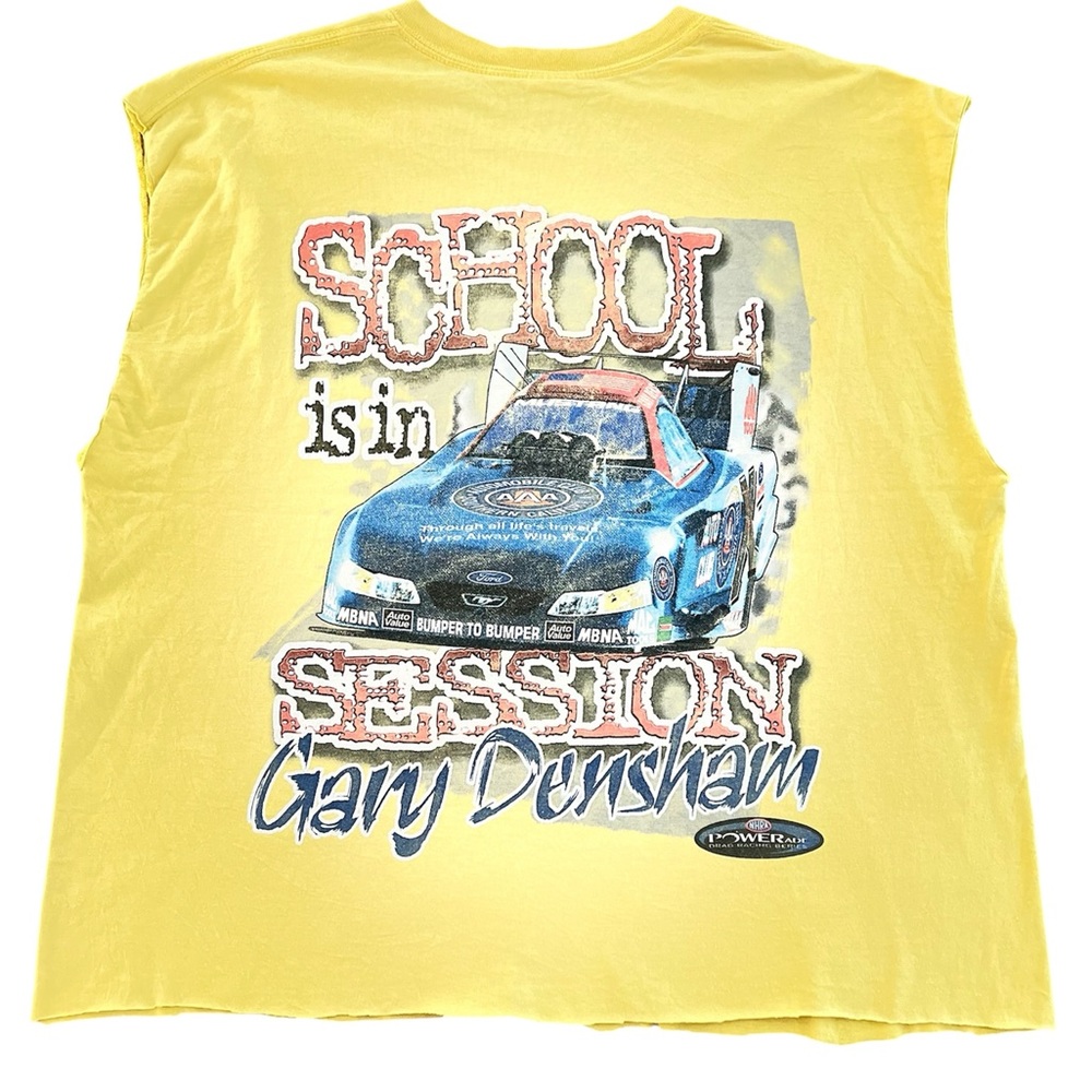 Gildan Yellow Tank Top with Blue Race Car Graphic cropped